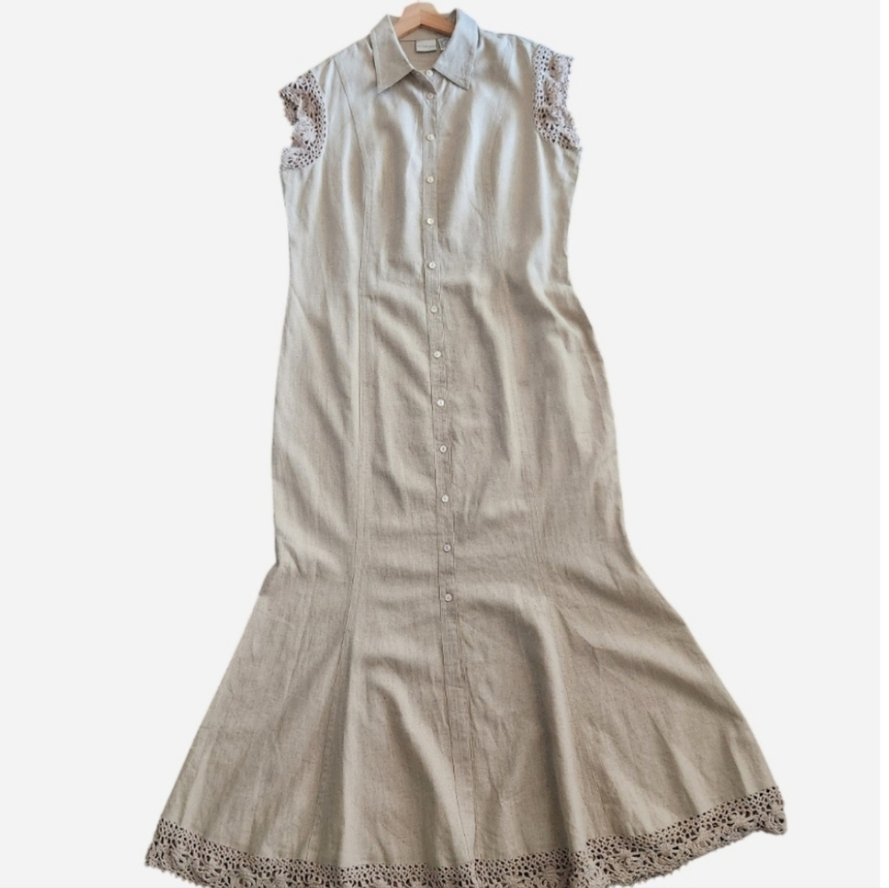 Newport News Y2K Linen Crochet Cap Sleeve Tan Taupe Light Brown Button Down Maxi